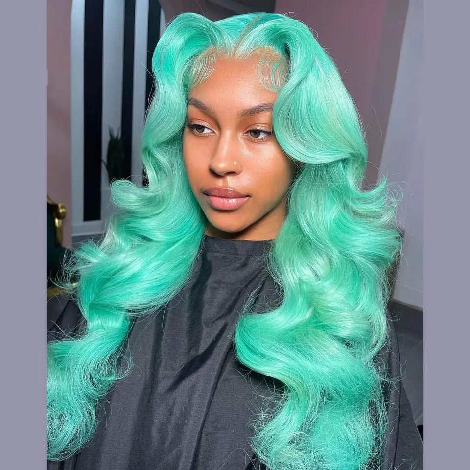 Custom Wholesale Human Hair Lace Wig ,Green Hair Long Length Wave Hair Lace Women Wig