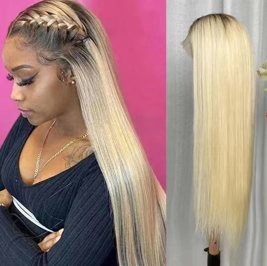 613 Blonde Human Hair Lace Wig with Black Root