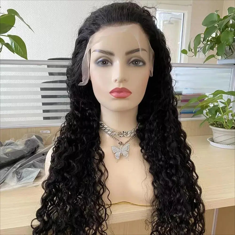 Custom Wholesale  Natural Black Wave Curly Mixed Human Hair Lace Front Wig wigworld