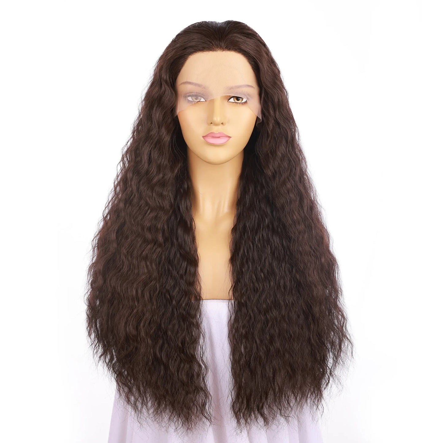 Custom Wholesale Brown Human Blend Hair Lace Front Wig Long Curly Style wigworld