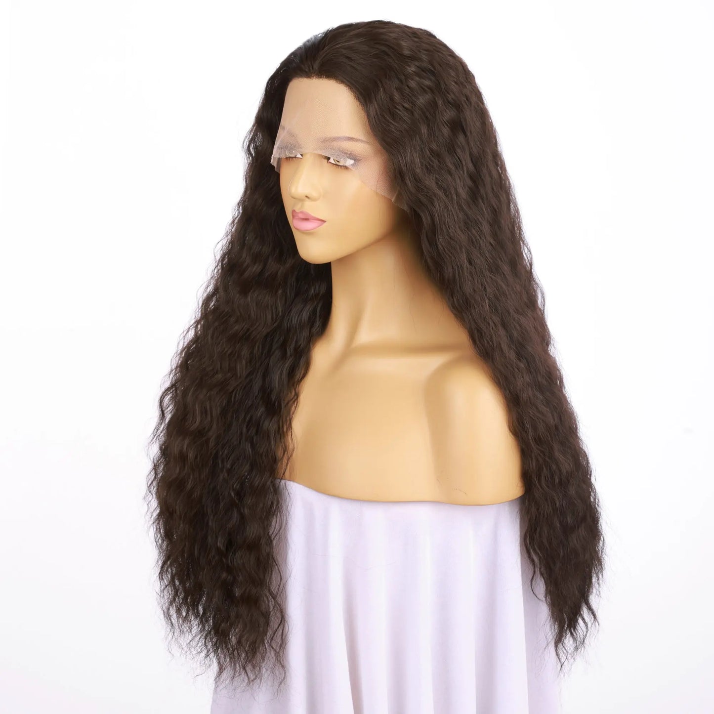 Custom Wholesale Brown Human Blend Hair Lace Front Wig Long Curly Style wigworld