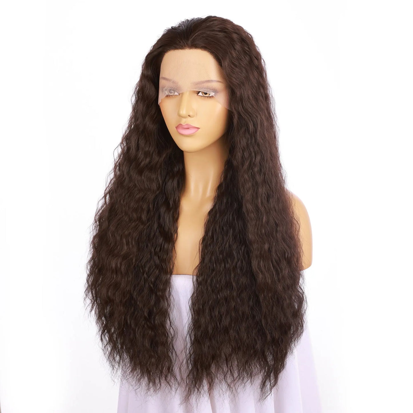 Custom Wholesale Brown Human Blend Hair Lace Front Wig Long Curly Style wigworld