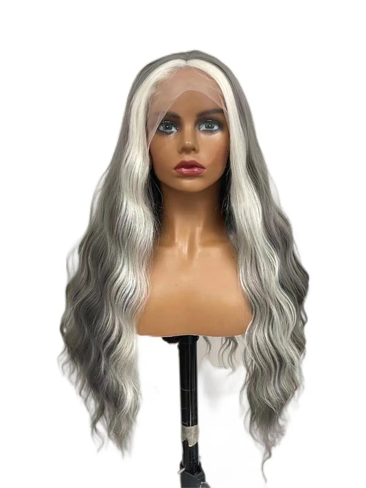 Custom Wholesale Synthetic Hair Lace Wig ,Long Hair Length Mixed Grey White Hair Lace Women Wig wigworld