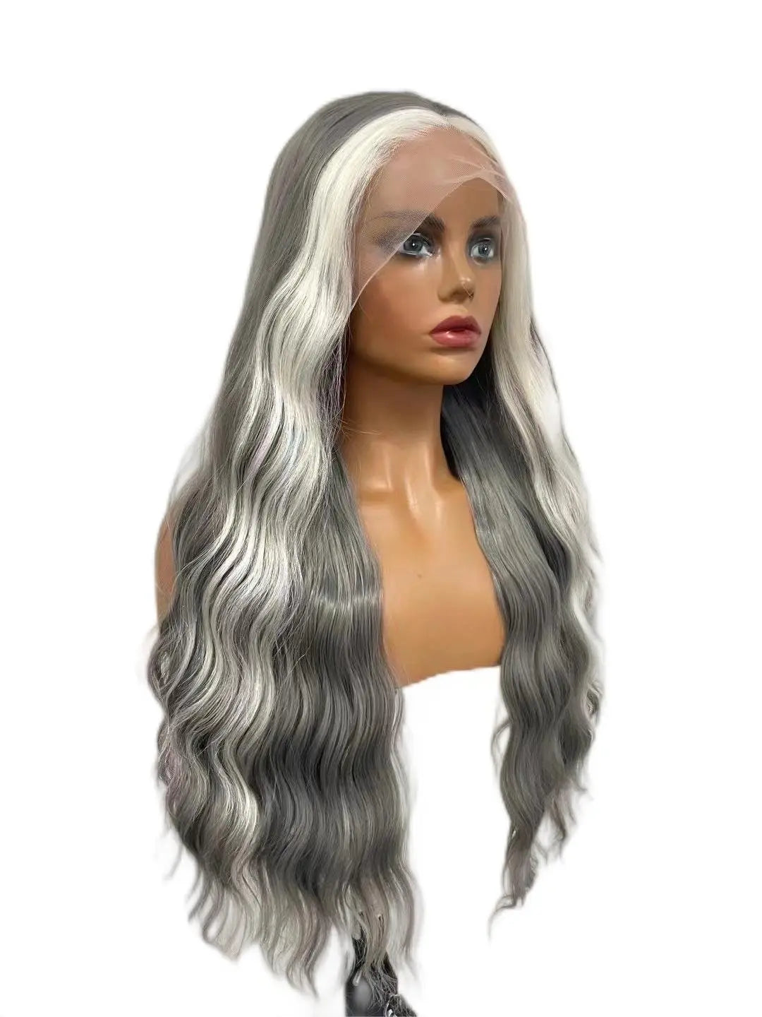 Custom Wholesale Synthetic Hair Lace Wig ,Long Hair Length Mixed Grey White Hair Lace Women Wig wigworld