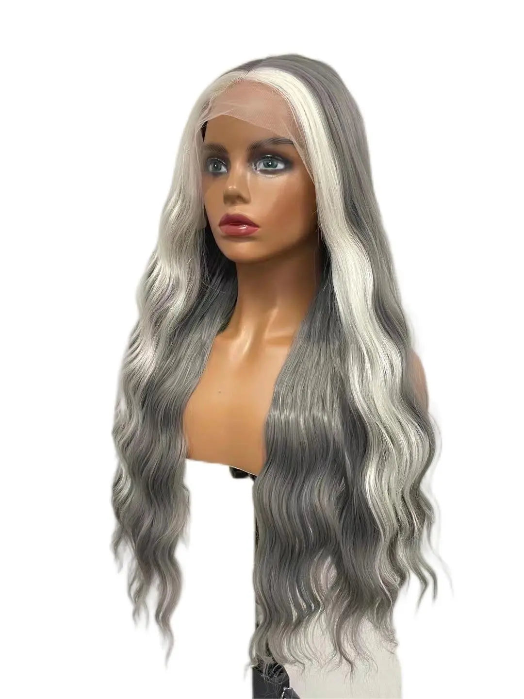 Custom Wholesale Synthetic Hair Lace Wig ,Long Hair Length Mixed Grey White Hair Lace Women Wig wigworld